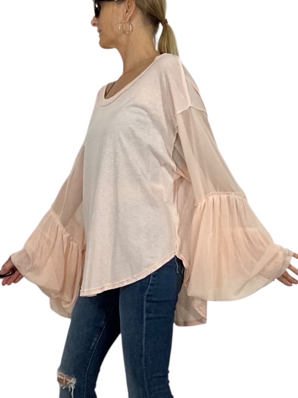 Free People Still Got It Tee Top S Pink Oversized Mesh Bell Sleeves - Picture 4 of 16
